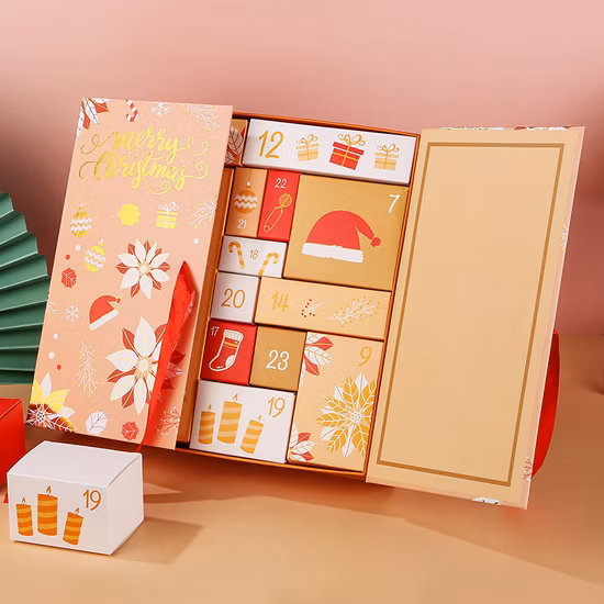 사용자 정의 디자인 빈 24 일 강림절 달력 라마단 카운트다운 블라인드 선물 초콜릿 캔디 장난감 보석 양초 FSC 종이 음식 선물 포장 상자